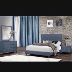 MODERN   Queen Size Blue  Four Piece Bedroom Set. Mattress sold separately 