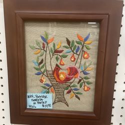 Art Needle Point Bird Vintage Framed MCM