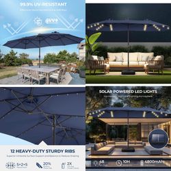 13 ft Solar Lights LED Lighted Outdoor Extra Large Market Table Umbrella with Base Included, Oversized Umbrella for Deck, Pool, Backyard