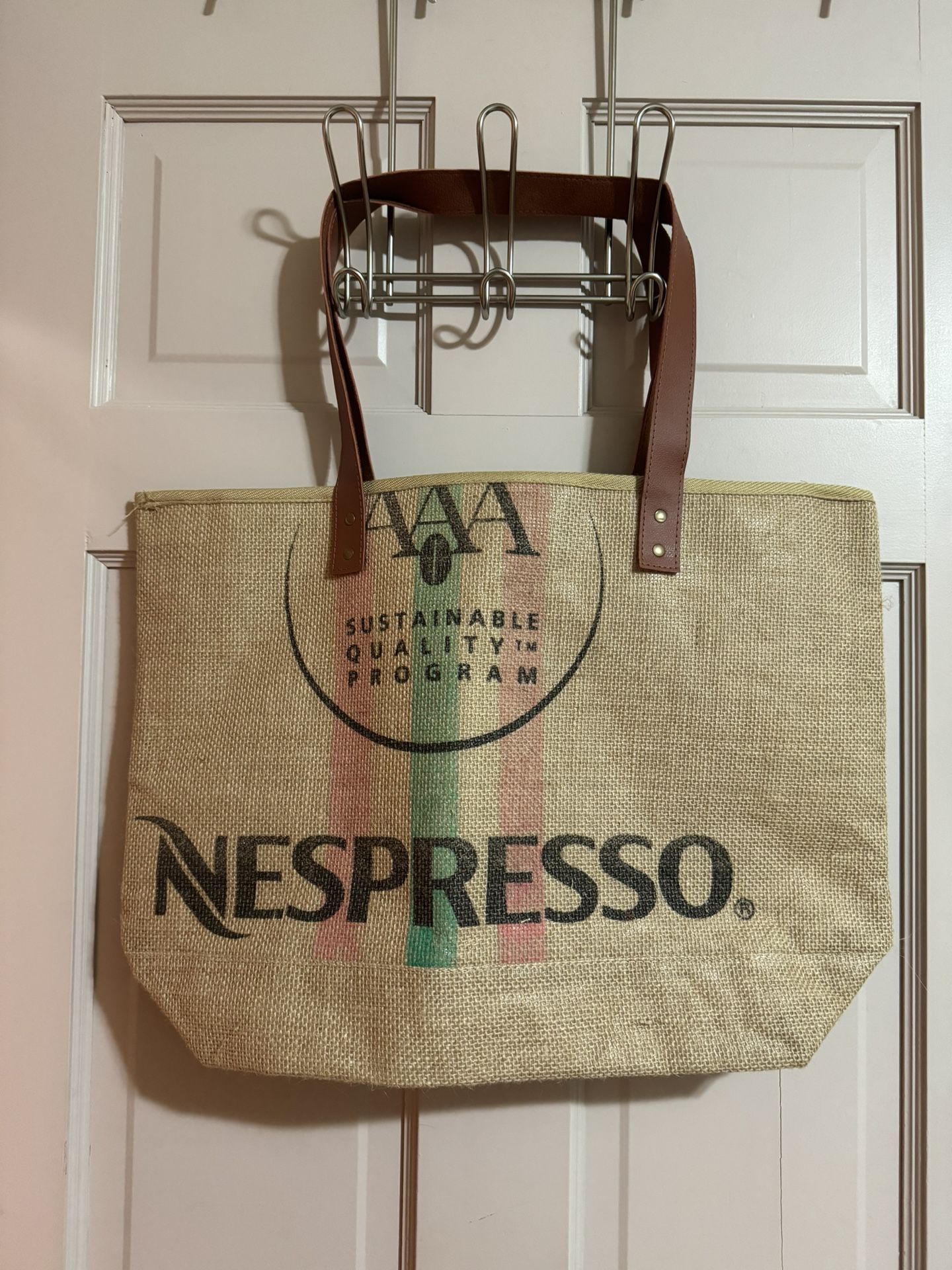 Nespresso Jute Tote Bag Shopper Faux Leather Handles 19"x14" NWOT