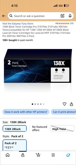 138X Black Toner Cartridge Pro 3101fdw 3101 sdw 3001dw Toner, Compatible for HP 138X 138A W1380A W1380X Black LaserJet Toner Cartridges for LaserJet M