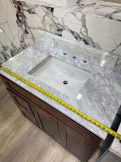 36” Bathroom Vanity with Ceramic Sink & Marble Top – Cherry Cabinet, Fully Assembled & Ready to Install | Special Deal