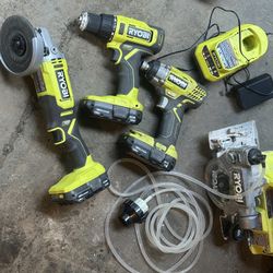 Bundle Lot Ryobi 18v Power Tools With Batteries  And Charger Drill Impact Driver Angle Grinder Wet Circular Saw