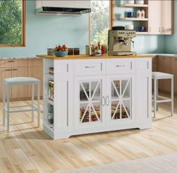 White Kitchen Island with Butcher Block Top with 2 stools