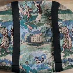 Vintage Tapestry Fabric Women Golfing Scene Zip Close Tote Duffel Bag Classy