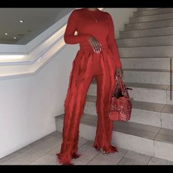 Red Fringe Pant Set 