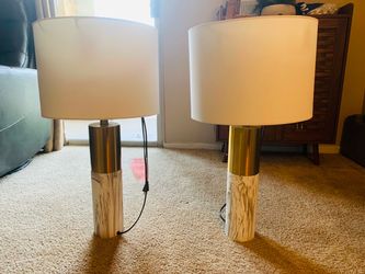 Modern Table Lamps Set of 2 - White Marble & Brass (NEW)