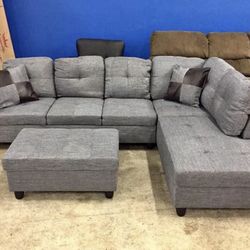 Grey Linen Sectional Couch And Ottoman