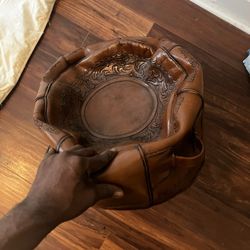 VINTAGE Hand Tooled Leather Catchall Valet Tray Bowl Southwestern Cowboy Art Deco