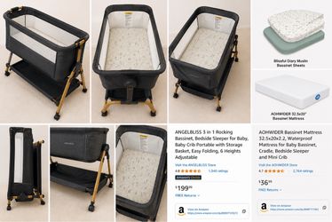 ANGELBLISS 3-in-1 Bedside Sleeper Bassinet + Upgraded Mattress + 2 Bamboo Muslin Sheets – Excellent