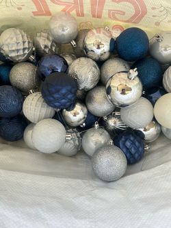 Blue silver white and metallic silver sphere/ball ornaments