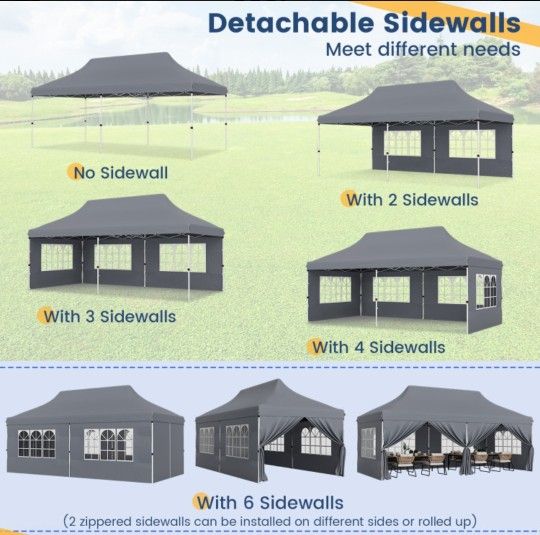 10x20 Pop Up  Canopy Tent with 6 Removable Sidewalls, Canopy,  Waterproof Canopy with  4 Ropes and 8