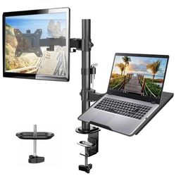 Adjustable Monitor Stand, Single Arm Desk Mount for 32 inch Screen and 17 inch Laptop, Heavy Duty Ergonomic Bracket Holds 22lbs