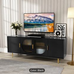 Modern TV Stand For 70 Inch TV, TV Console With 4 Glass Doors, Entertainment Center With Storage Cabinet, Wood Media Cabinet With Golden Leg, 65" TV S