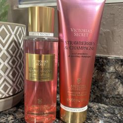 NEW VICTORIAS SECRET PINK STRAWBERRIES AND CHAMPAGNE FRAGRANCE MIST AND LOTION SET $18!!