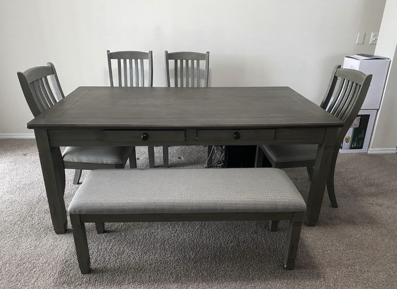 6-Piece Modern Dining Set for Dining Room, Rectangular Table w/ Storage 6 Drawers, Bench & 4 Chairs