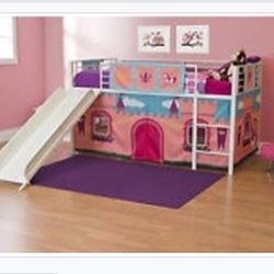 Twin Jr Loft Bed White Metal With Slide Princess Castle Canopy Included