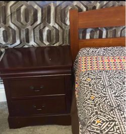 Dark Cherry Wood 2-Drawer Nightstand and bed