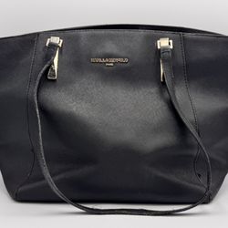 KARL LAGERFELD PARIS Veronique Saffiano Leather Satchel Black & Gold