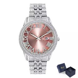 NEW Silver Iced Out Hip Hop Watch. Pink Face Roman Numerals. Unisex