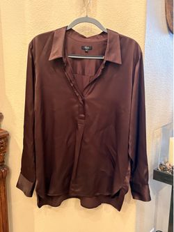 RAILS Women Brown Satin Minimalist Long Sleeve Collared Blouse Shirt Size XL