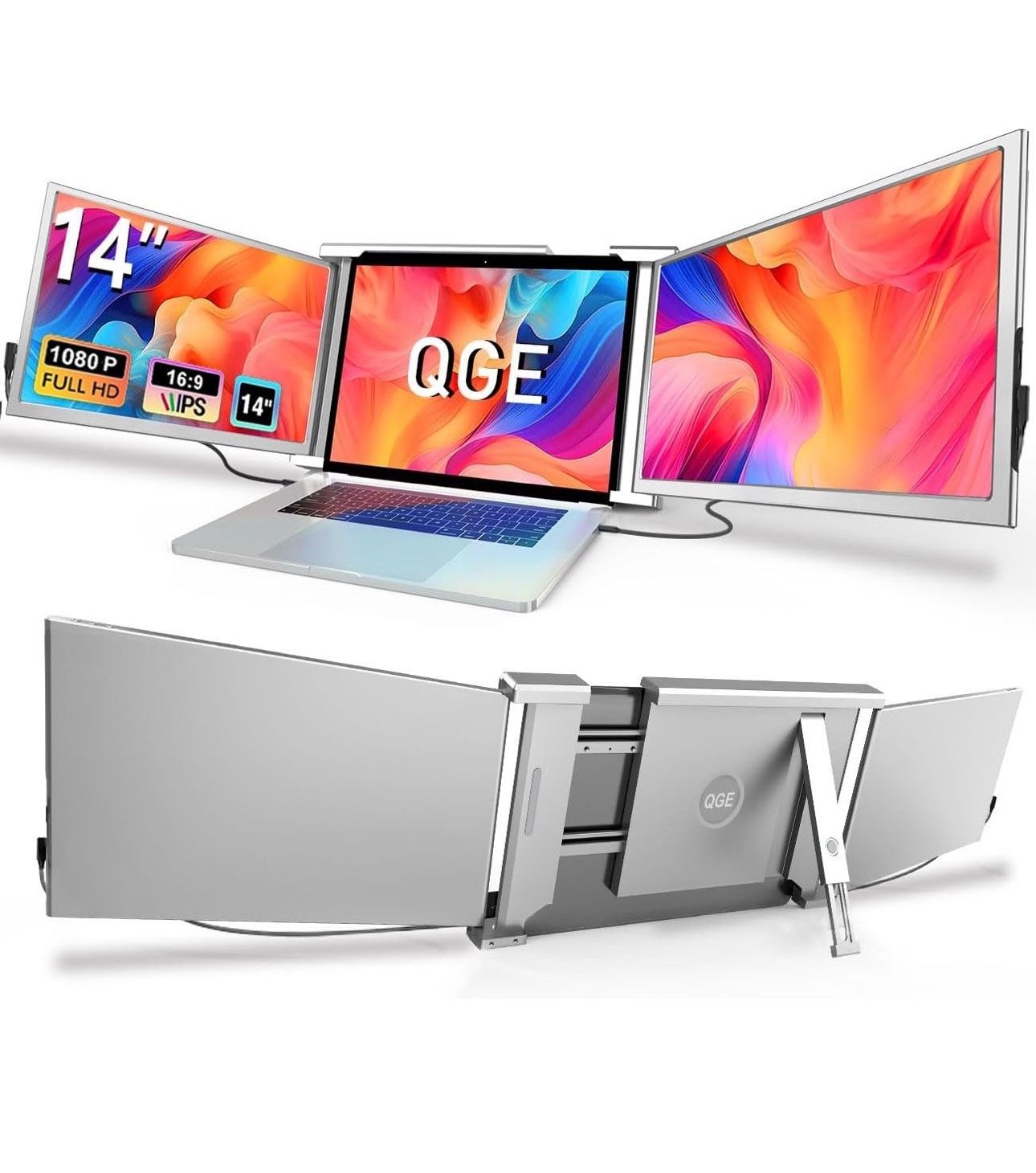 Laptop Screen Extender, 14" 1080P FHD Triple Monitor for Laptop Extension- 315°Rotate Portable Dual Monitor Screen for 13.3-16.5" Laptops Type-C/HDMI/