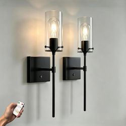 Wireless Wall Sconces Set of 2, Rechargeable, Remote Control, Dimmable, Black, 3000K