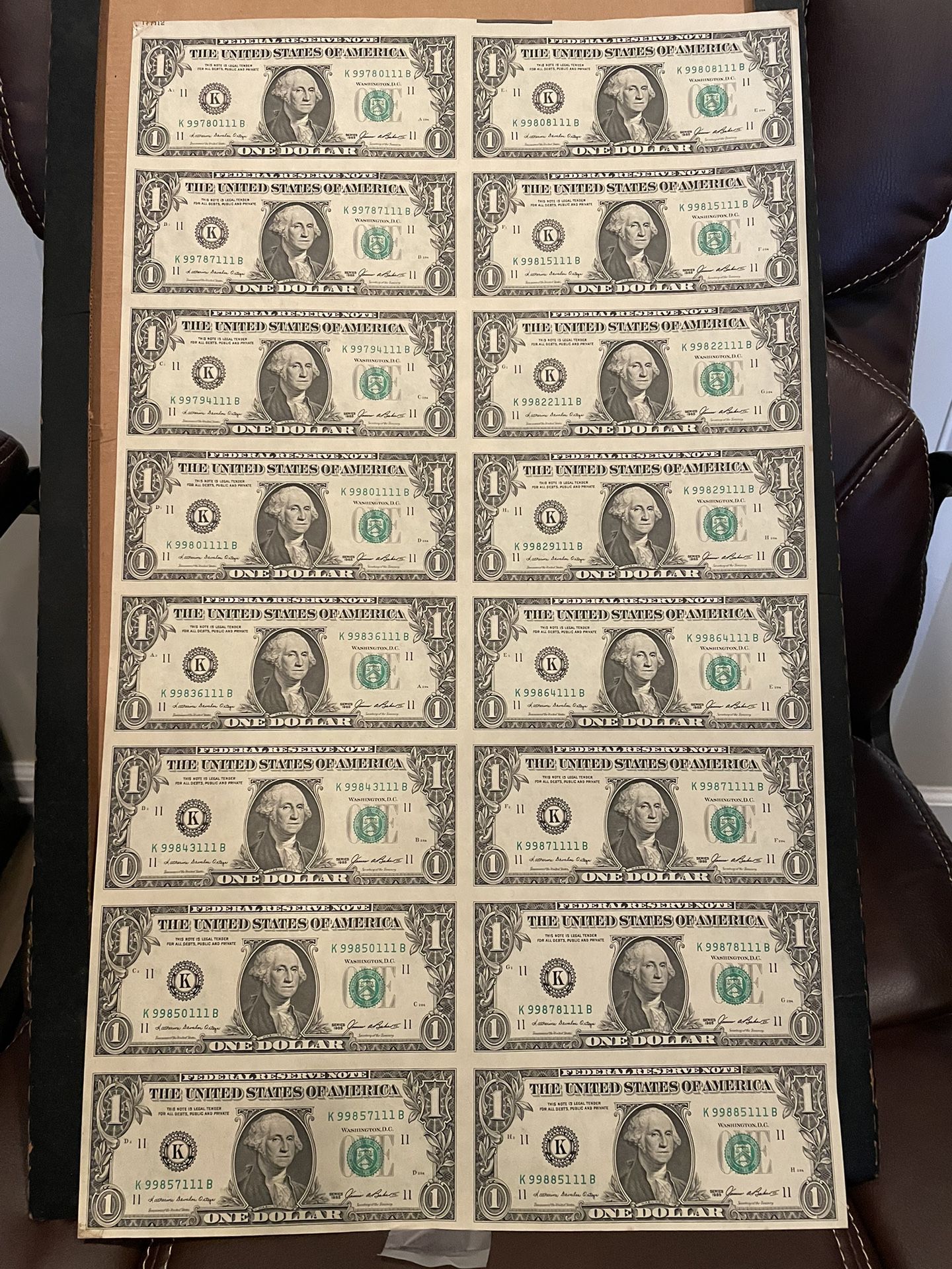 Uncut Sheet Of 16 One Dollar Bills