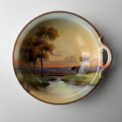 Antique Noritake Hand-Painted Scenic Sunset Nappie Bowl - Green M Wreath Mark