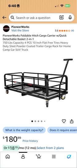 PioneerWorks Foldable Hitch Cargo Carrier w/Quick Detachable Basket 2-in-1 750 Lbs Capacity 4 PCS 10 Inch Flat Free Tires Heavy Duty Steel Powder Coat