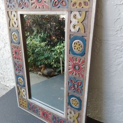 38"x26" Handcrafted Wood Patchwork Wall Mirror Colorful Art Painted Wood Indonesia Craft 