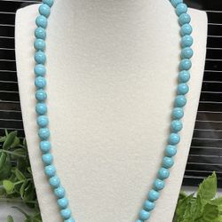 Natural 8 Mm Blue Turquoise Round Gemstone Beads Necklace 20 Inch