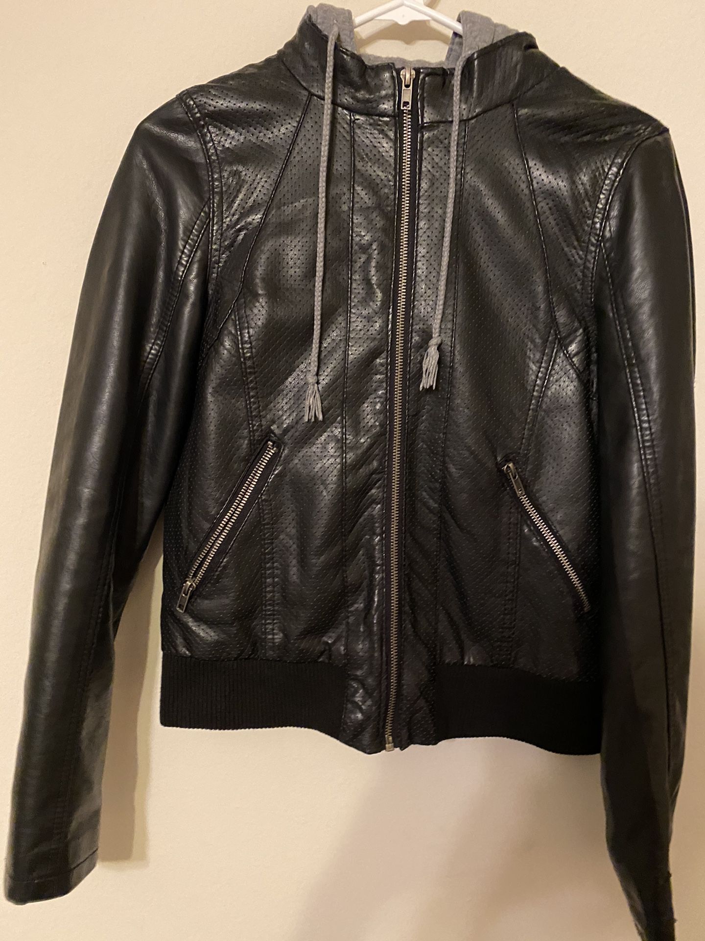 Leather jacket with detachable hoodie