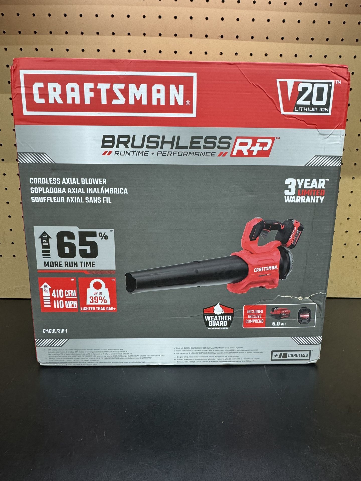 CRAFTSMAN V20 Brushless RP 20-volt 410-CFM 110-MPH Battery Handheld Leaf Blower 5.0 Ah
