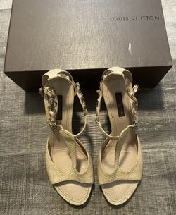 Louis Vuitton Crystal Embellishments T-Strap Beige Sandals With Box Size 37.5/7.5