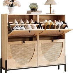 Rattan Shoe Cabinet Storage with 4 Flip Drawers, Freestanding Shoe Storage Organizer Cabinet for Entryway, Narrow Shoe Rack Cabinet, Oak  Ra