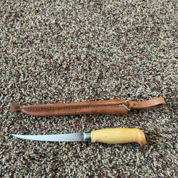 J. MARTTIINI hand ground stainless fixed 7 1/2" blade knife, Finland, leather. 