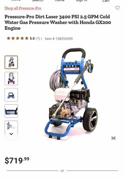 Pressure-Pro Dirt Laser 3400 PSI 2.5 GPM Cold Water Gas Pressure Washer with Honda GX200 engine. Open box