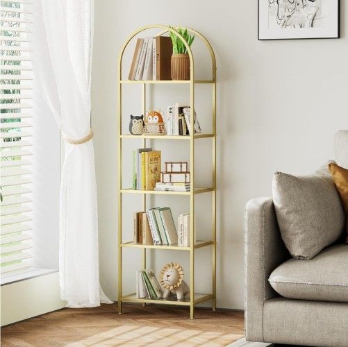 Multi-Use Slim Bookshelf Arched Display Tempered Glass Shelves, Golden, 11.8" D x 23.6" W x 62.2"H