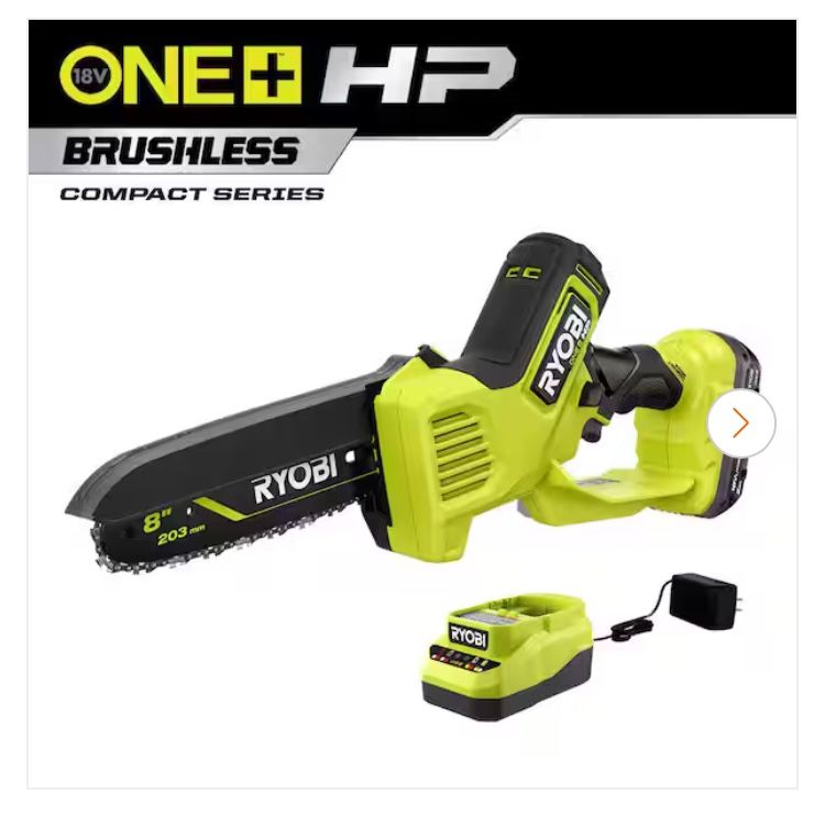 BRAND NEW IN BOX RYOBI ONE+ HP 18V Brushless 8 in. Battery Compact Pruning Mini Chainsaw with 2.0 Ah Battery and Charger
