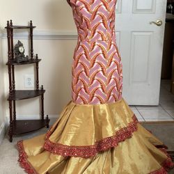 African Feather Print Off-Shoulder Trail Gown