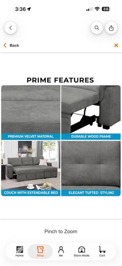 84.64 in. Gray Tufted Velvet Twin Size 3-Seat Sleeper Sofa Bed