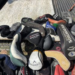 Golf Club Covers And Vintage Wooden Golf, Clubs And Golf Balls