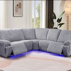 Sectional Sofa With Reclining Seats - Soft Rabbit Fur Fabric & LED Lighting