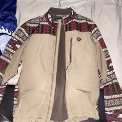 HOOEY MEN'S TAN & BURGUNDY SOUTHWESTERN PRINT ZIP-FRONT SOFTSHELL JACKET 