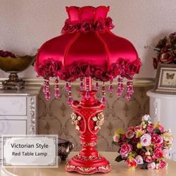 Pair Of OTTOSON Red Victorian Lamp Antique Fabric Table Lamp European Pastoral Night Stand 