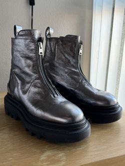 AllSaints Metallic Gunmetal Leather Front Zip Chunky Platform Boots EU 38