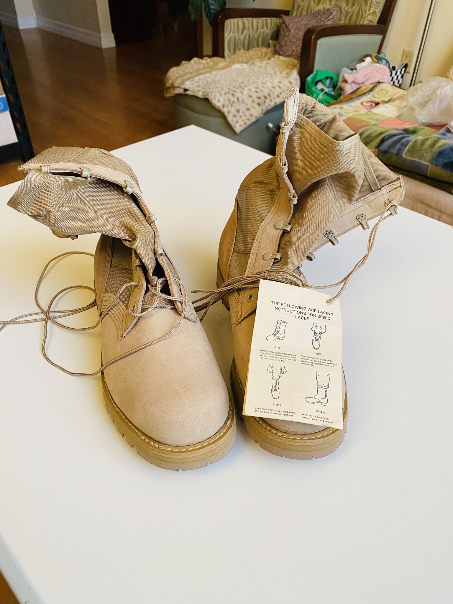 Army Combat Boots. Hot weather Type II. Our soldiers were equipped with these boots during Iraqi War. Brand new. Never used. Still with tag. Legendary
