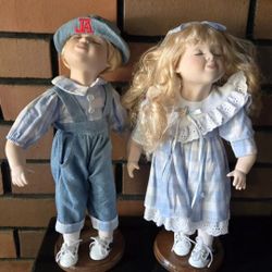 Vintage Artmark Porcelain Dolls Set of 2 JA & Curly Hair Girl Antique Collectors