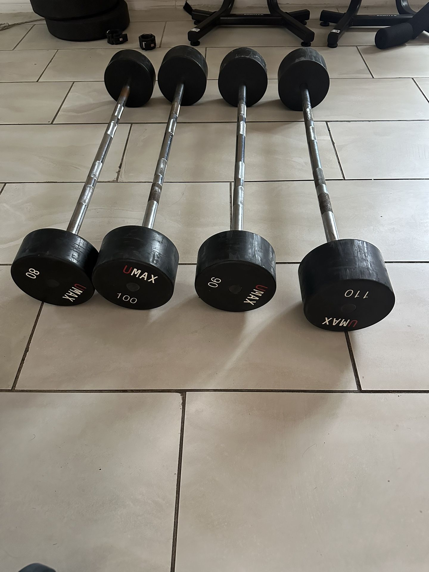 UMAX Urethane FIXED BARBELLS 110,100,90,80 pairs 380lbs total